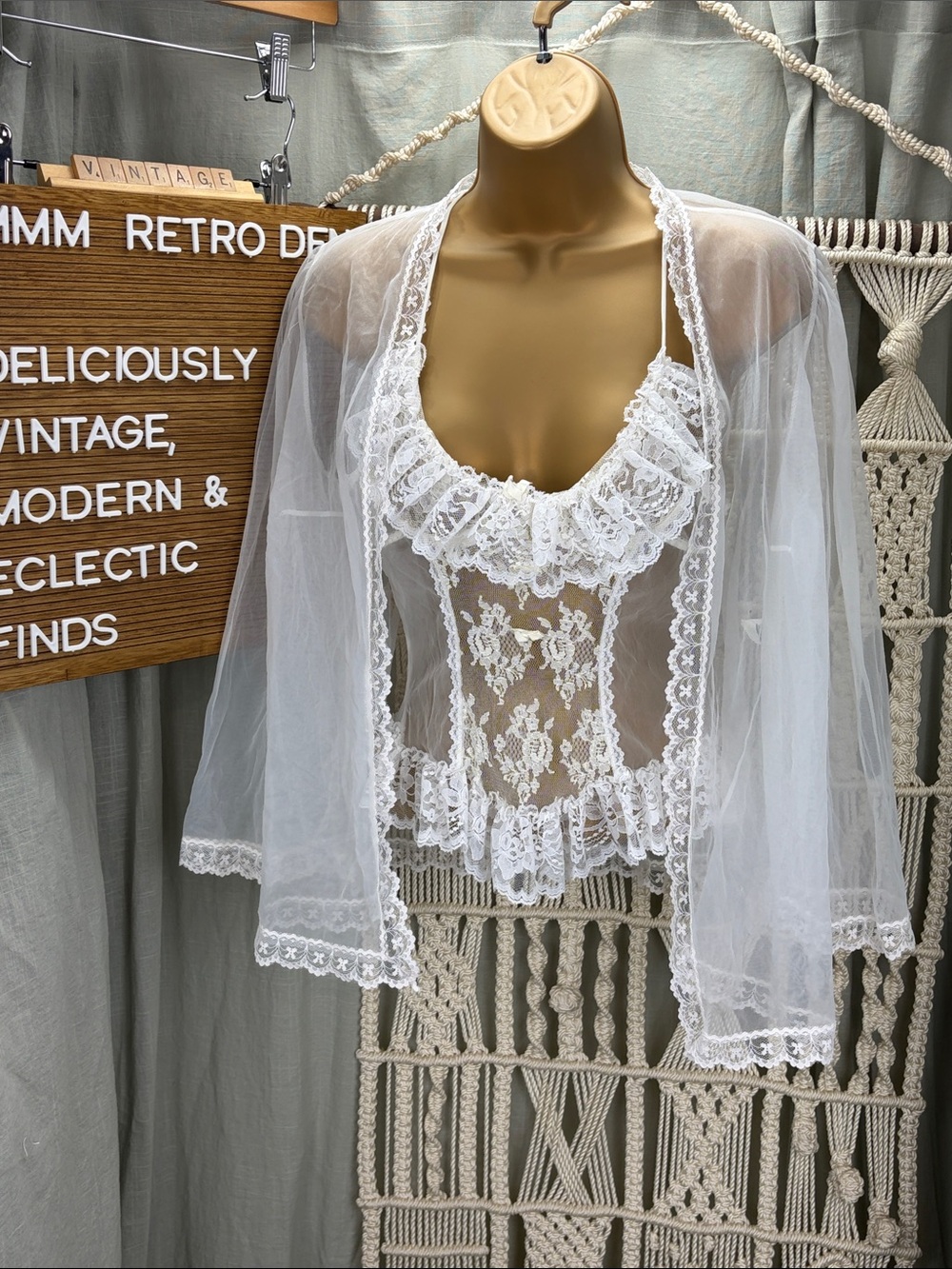 Vintage Frederick's of Hollywood White Lace & Sheer Mesh Lingerie Set | Medium